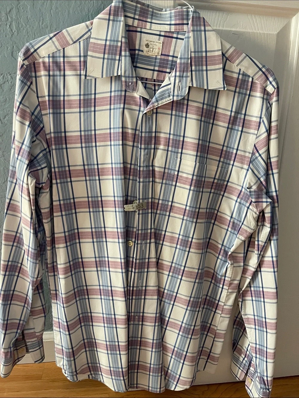 J. Crew Men's White Button-Down Plaid Shirt with Blue & Pink Stripes